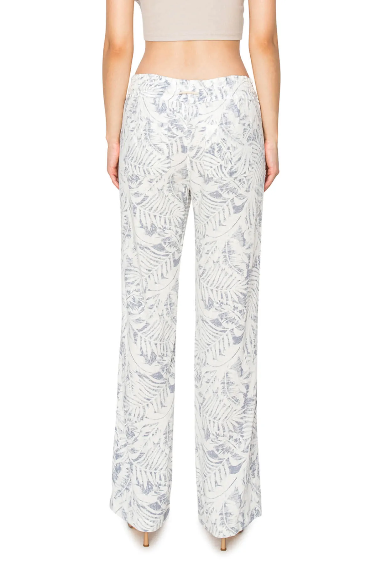 Linen Pants Drawstring Smocked Waist Beach Pants - White Grey