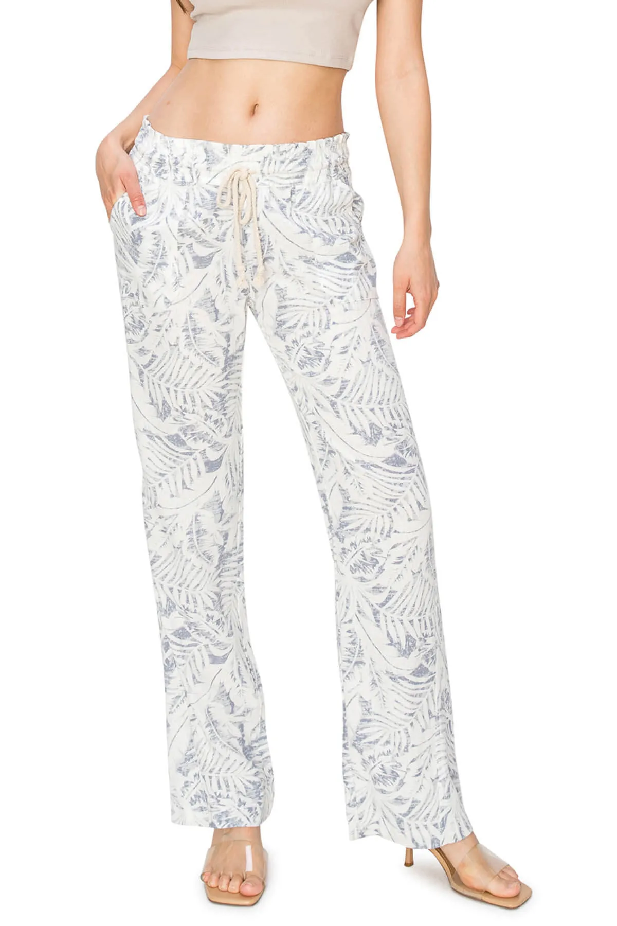 Linen Pants Drawstring Smocked Waist Beach Pants - White Grey