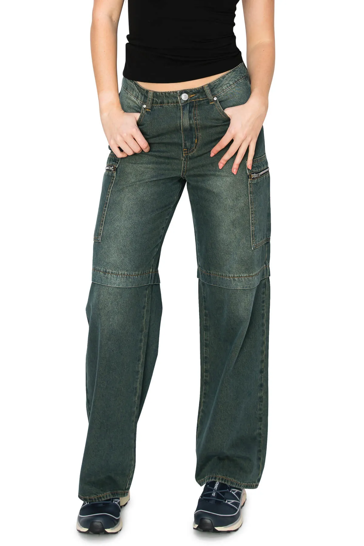 Low Rise Slouchy Cargo Jeans - Dark Wash