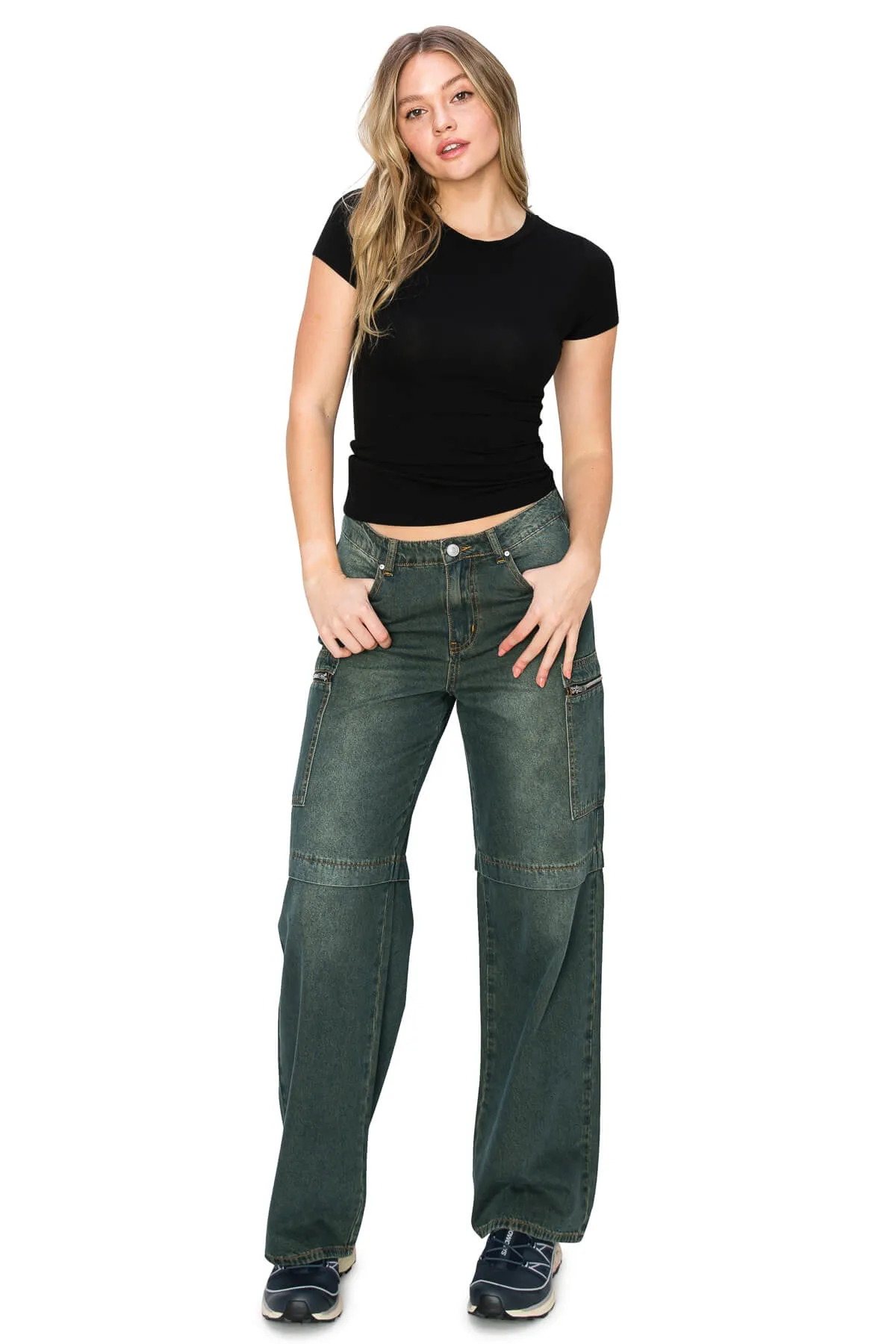 Low Rise Slouchy Cargo Jeans - Dark Wash