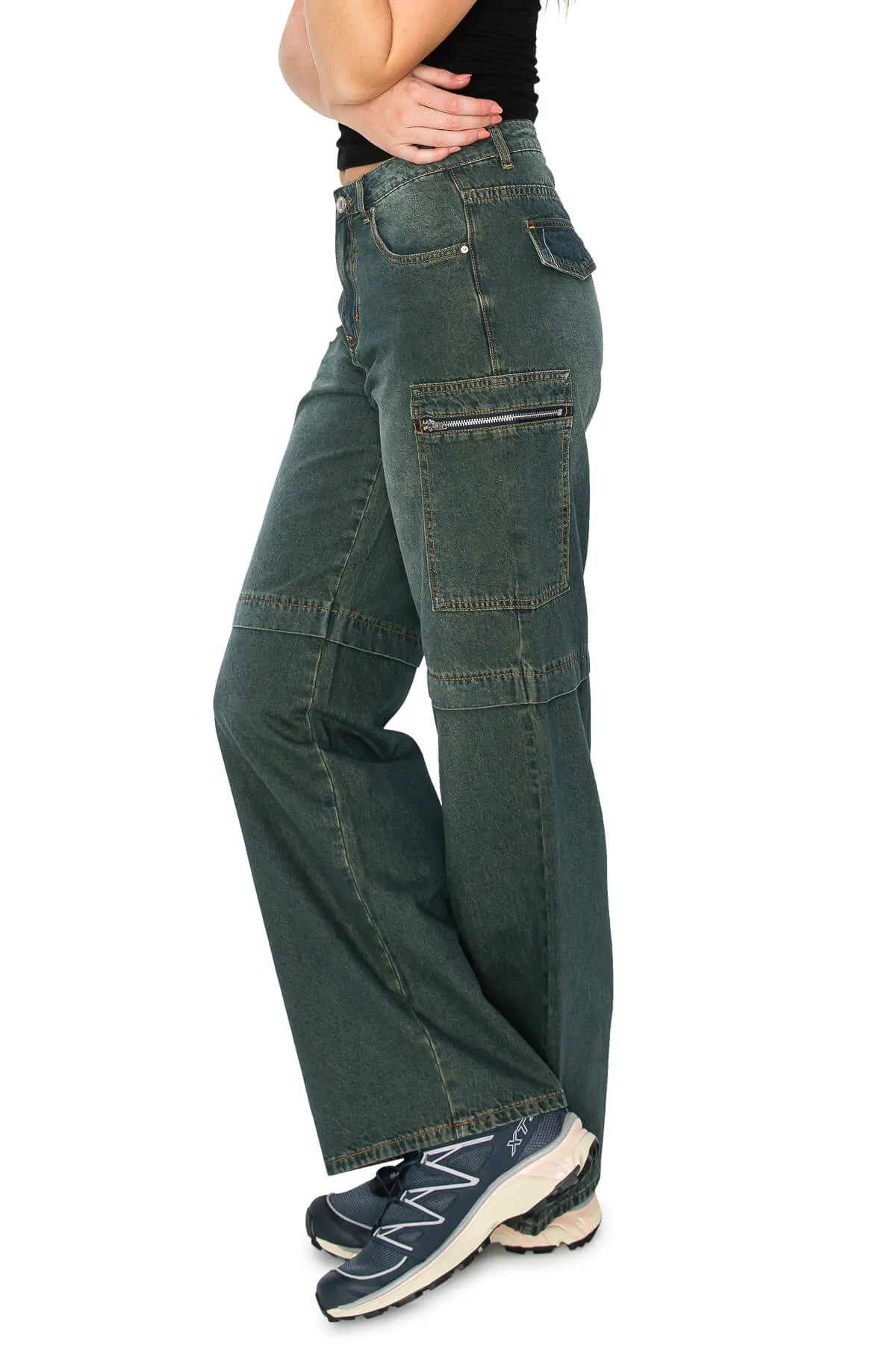 Low Rise Slouchy Cargo Jeans - Dark Wash