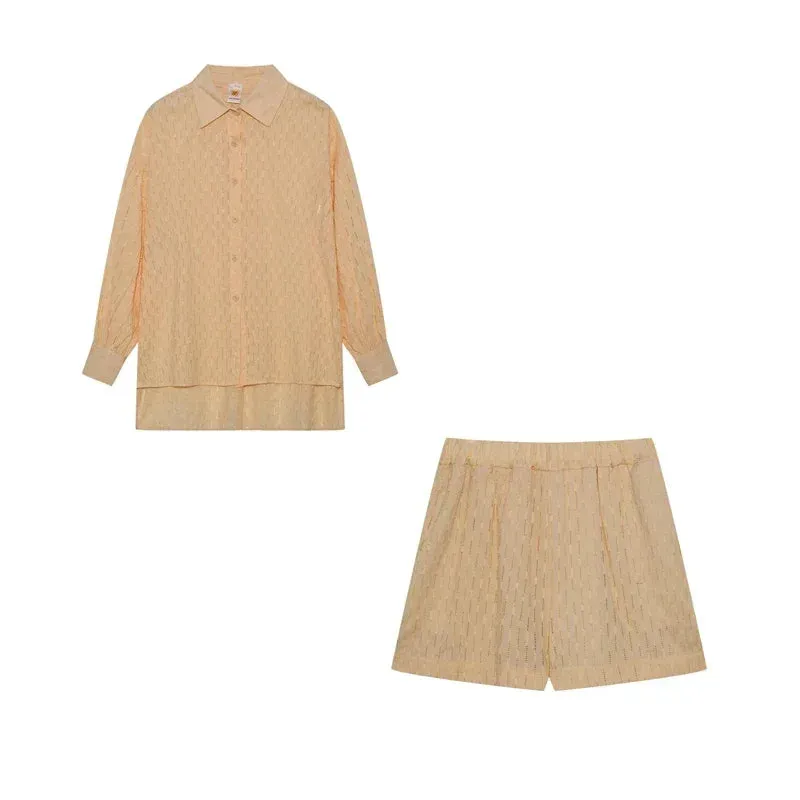 LVSANW 2024 Fashion Trend Plain Color Shirt Jacquard Bubble Sleeve Shirt Shorts Commuter Casual Suit