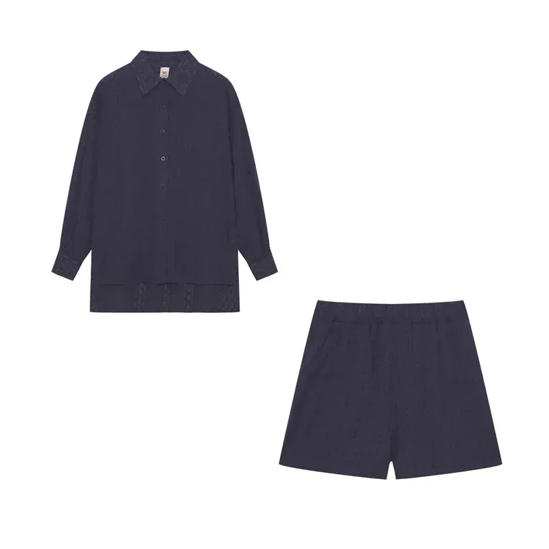LVSANW 2024 Fashion Trend Plain Color Shirt Jacquard Bubble Sleeve Shirt Shorts Commuter Casual Suit