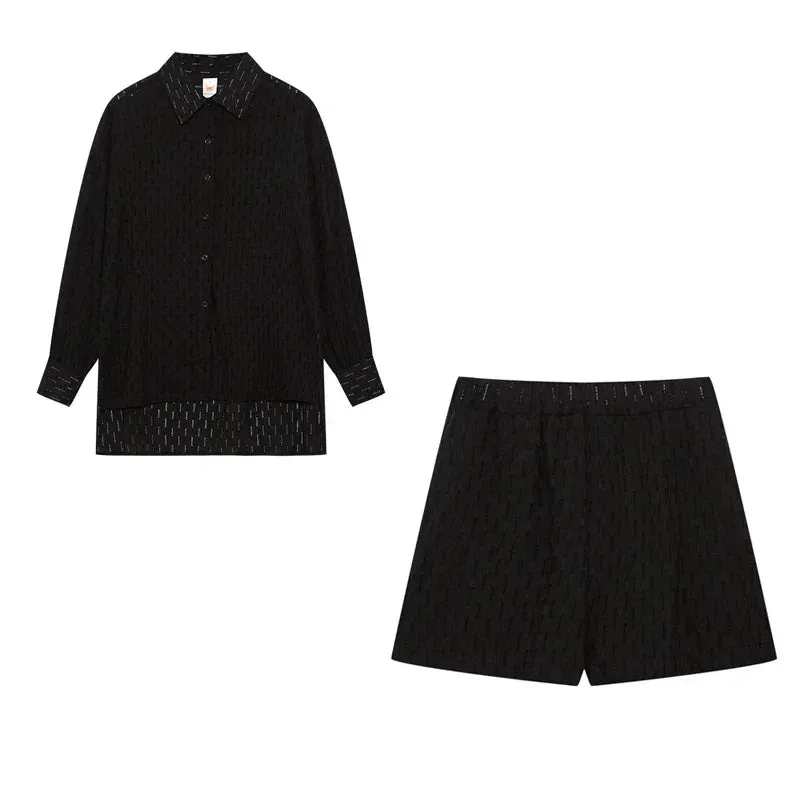 LVSANW 2024 Fashion Trend Plain Color Shirt Jacquard Bubble Sleeve Shirt Shorts Commuter Casual Suit