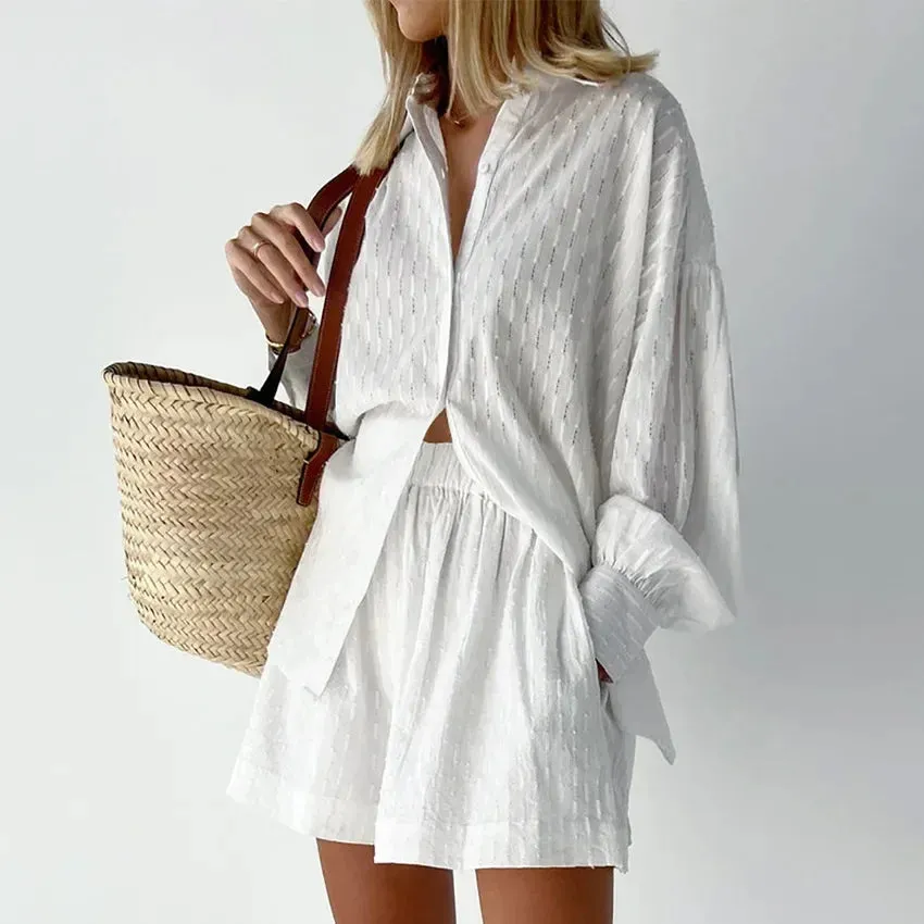 LVSANW 2024 Fashion Trend Plain Color Shirt Jacquard Bubble Sleeve Shirt Shorts Commuter Casual Suit