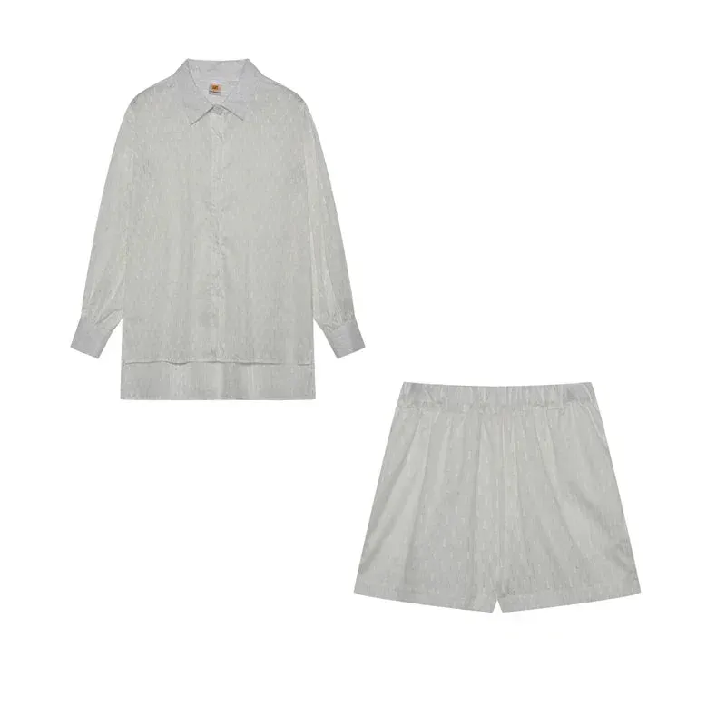 LVSANW 2024 Fashion Trend Plain Color Shirt Jacquard Bubble Sleeve Shirt Shorts Commuter Casual Suit