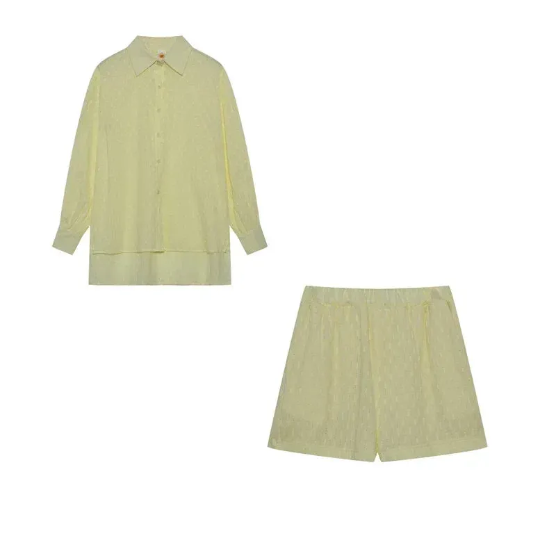 LVSANW 2024 Fashion Trend Plain Color Shirt Jacquard Bubble Sleeve Shirt Shorts Commuter Casual Suit