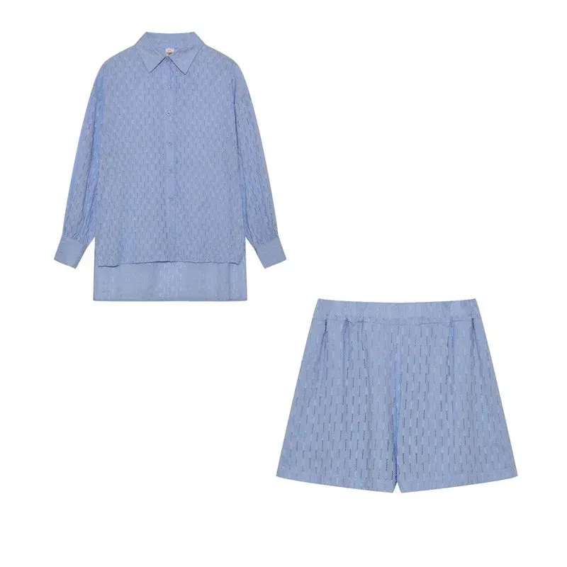LVSANW 2024 Fashion Trend Plain Color Shirt Jacquard Bubble Sleeve Shirt Shorts Commuter Casual Suit