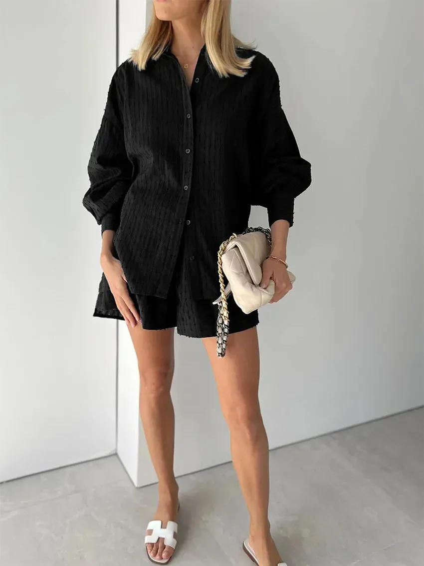 LVSANW 2024 Fashion Trend Plain Color Shirt Jacquard Bubble Sleeve Shirt Shorts Commuter Casual Suit