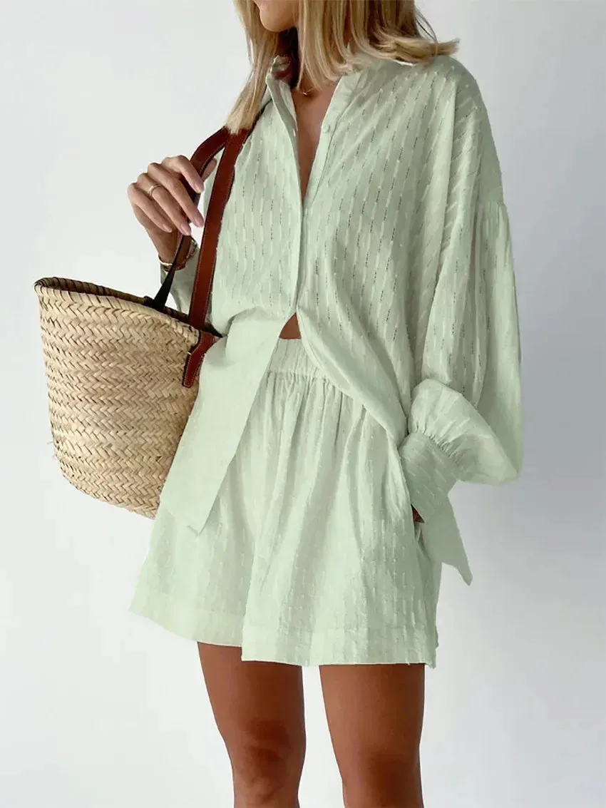LVSANW 2024 Fashion Trend Plain Color Shirt Jacquard Bubble Sleeve Shirt Shorts Commuter Casual Suit