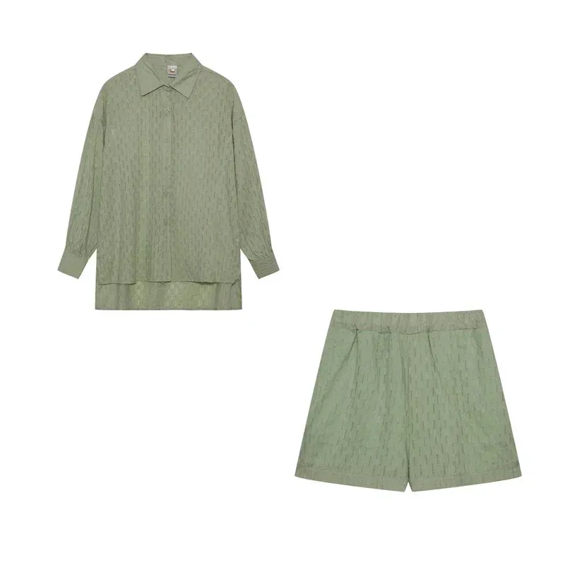 LVSANW 2024 Fashion Trend Plain Color Shirt Jacquard Bubble Sleeve Shirt Shorts Commuter Casual Suit