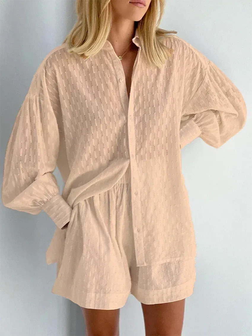 LVSANW 2024 Fashion Trend Plain Color Shirt Jacquard Bubble Sleeve Shirt Shorts Commuter Casual Suit