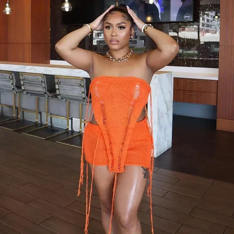 LVSANW 2024 Sexy 2 Piece Knit Skirt Set Strapless Backless Lrregular Tube Top Women Tassel Mini Bodycon Skirt Solid Summer Party Outfit