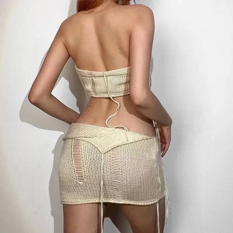 LVSANW 2024 Sexy 2 Piece Knit Skirt Set Strapless Backless Lrregular Tube Top Women Tassel Mini Bodycon Skirt Solid Summer Party Outfit