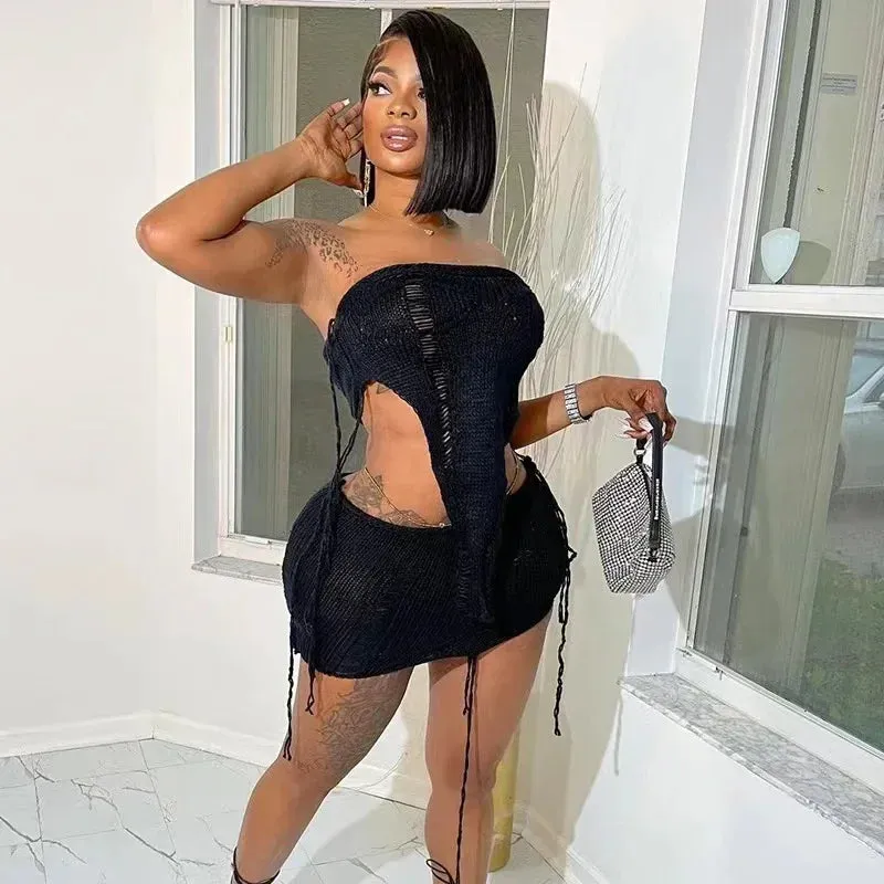LVSANW 2024 Sexy 2 Piece Knit Skirt Set Strapless Backless Lrregular Tube Top Women Tassel Mini Bodycon Skirt Solid Summer Party Outfit