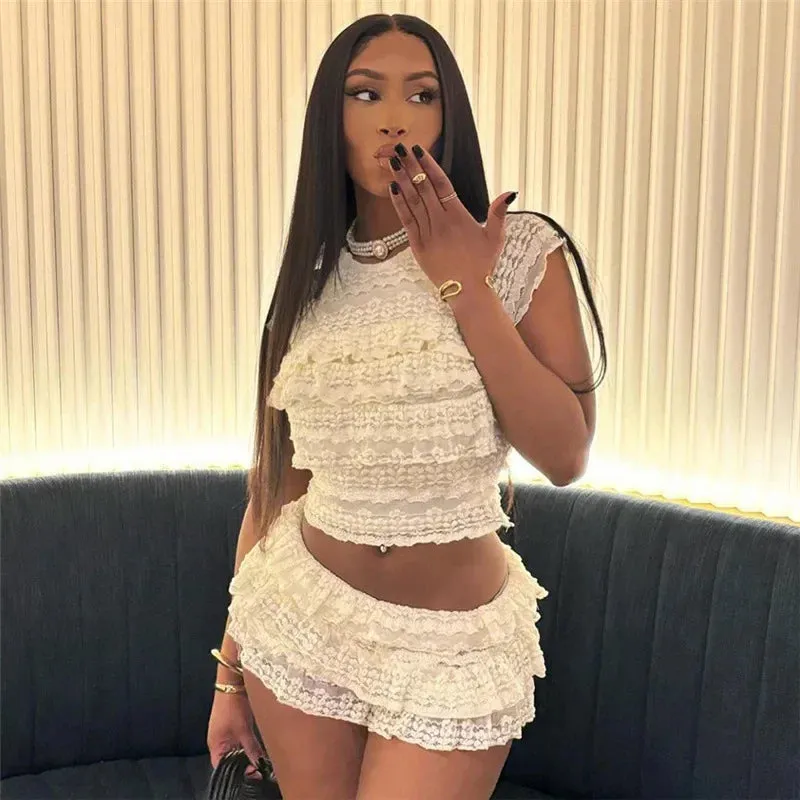 LVSANW 2024 Summer Fashion Temperament Sweet Hot Girl Solid Color Hollow Slim Pleated Shorts Suit Female Elegant Sexy Party Club Outfit