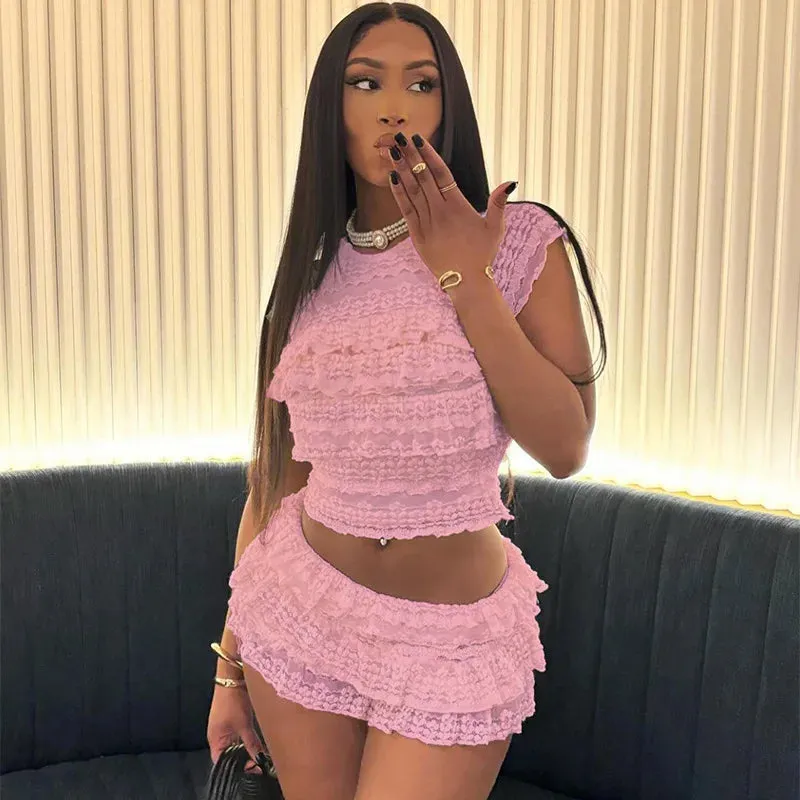 LVSANW 2024 Summer Fashion Temperament Sweet Hot Girl Solid Color Hollow Slim Pleated Shorts Suit Female Elegant Sexy Party Club Outfit