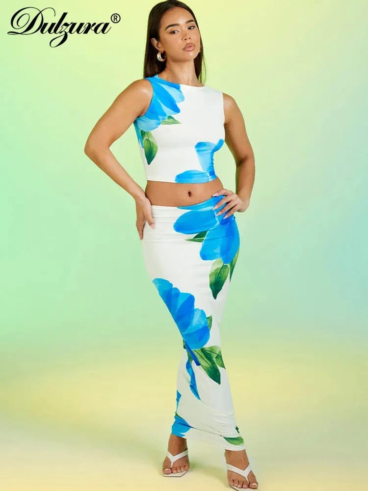 LVSANW Dulzura 2024 Matching Suit Print Flower Sleeveless Top Tank Maxi Skirt Bodycon Party Birthday Evening Streetwear Sexy Y2K