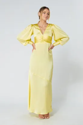 Naomi Yellow Satin-Crepe Maxi Dress With Long Sleeves