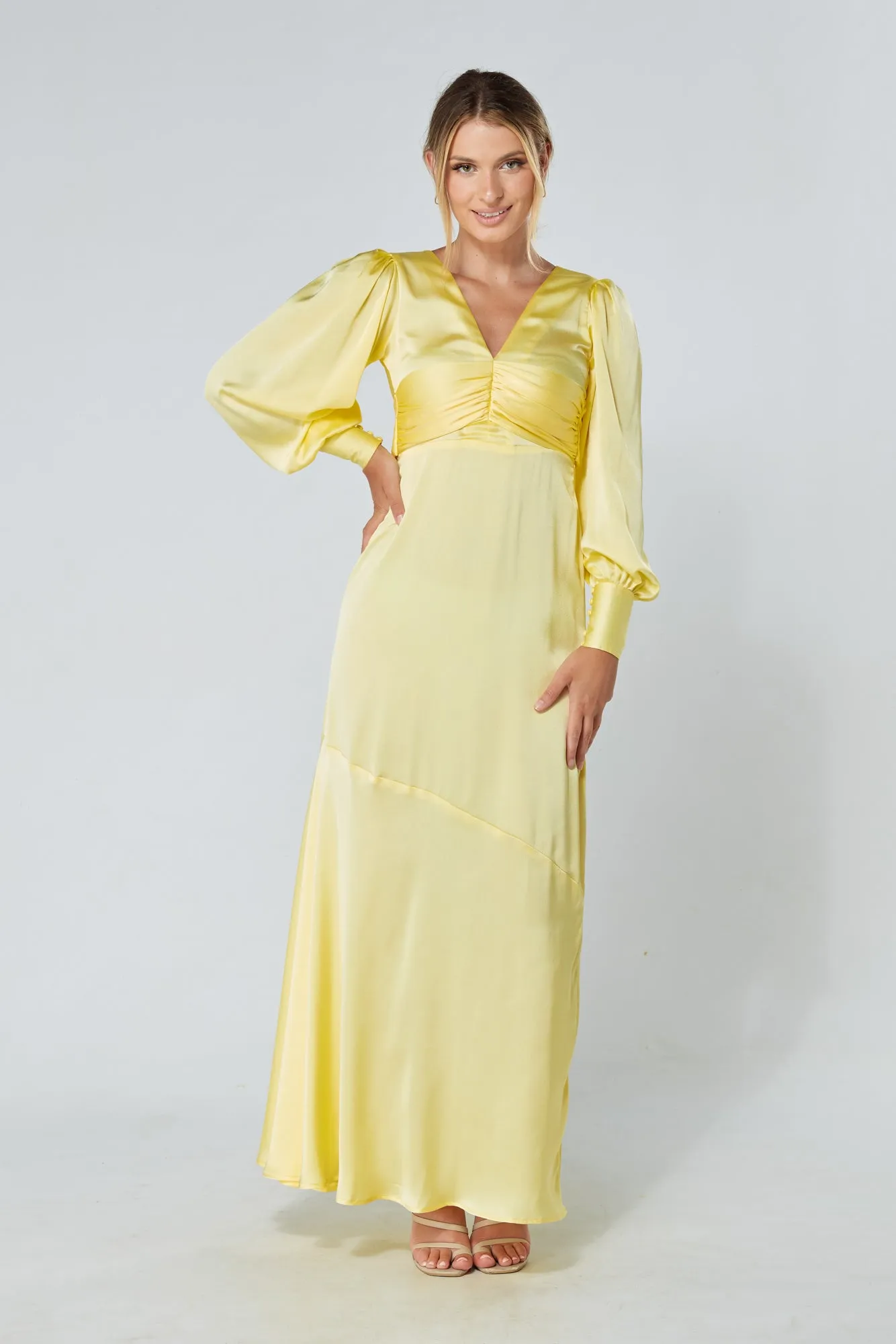 Naomi Yellow Satin-Crepe Maxi Dress With Long Sleeves