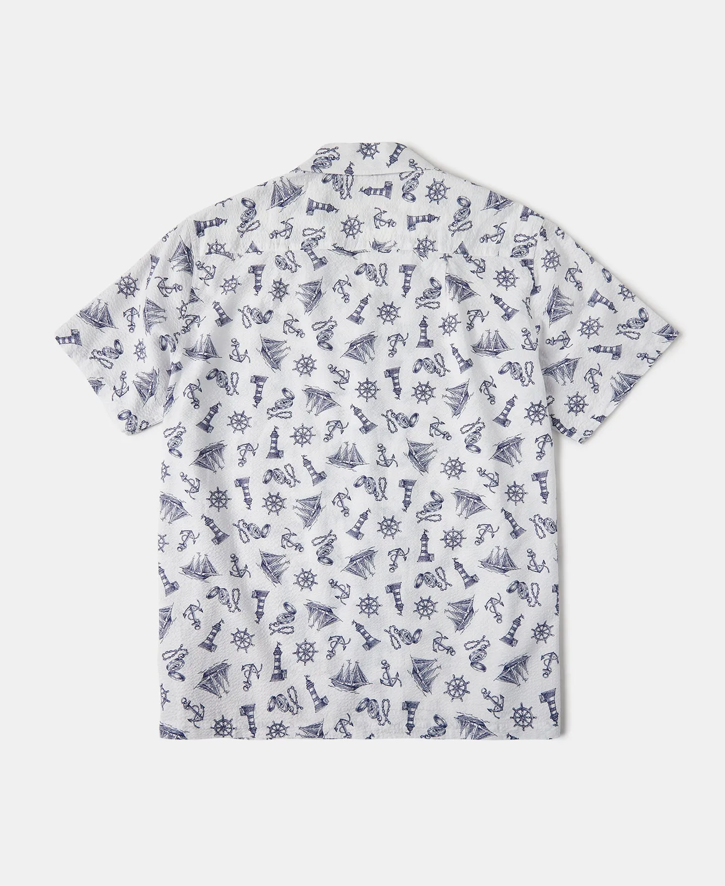 Nautical Printed Seersucker Short Sleeve Camp Shirt - White