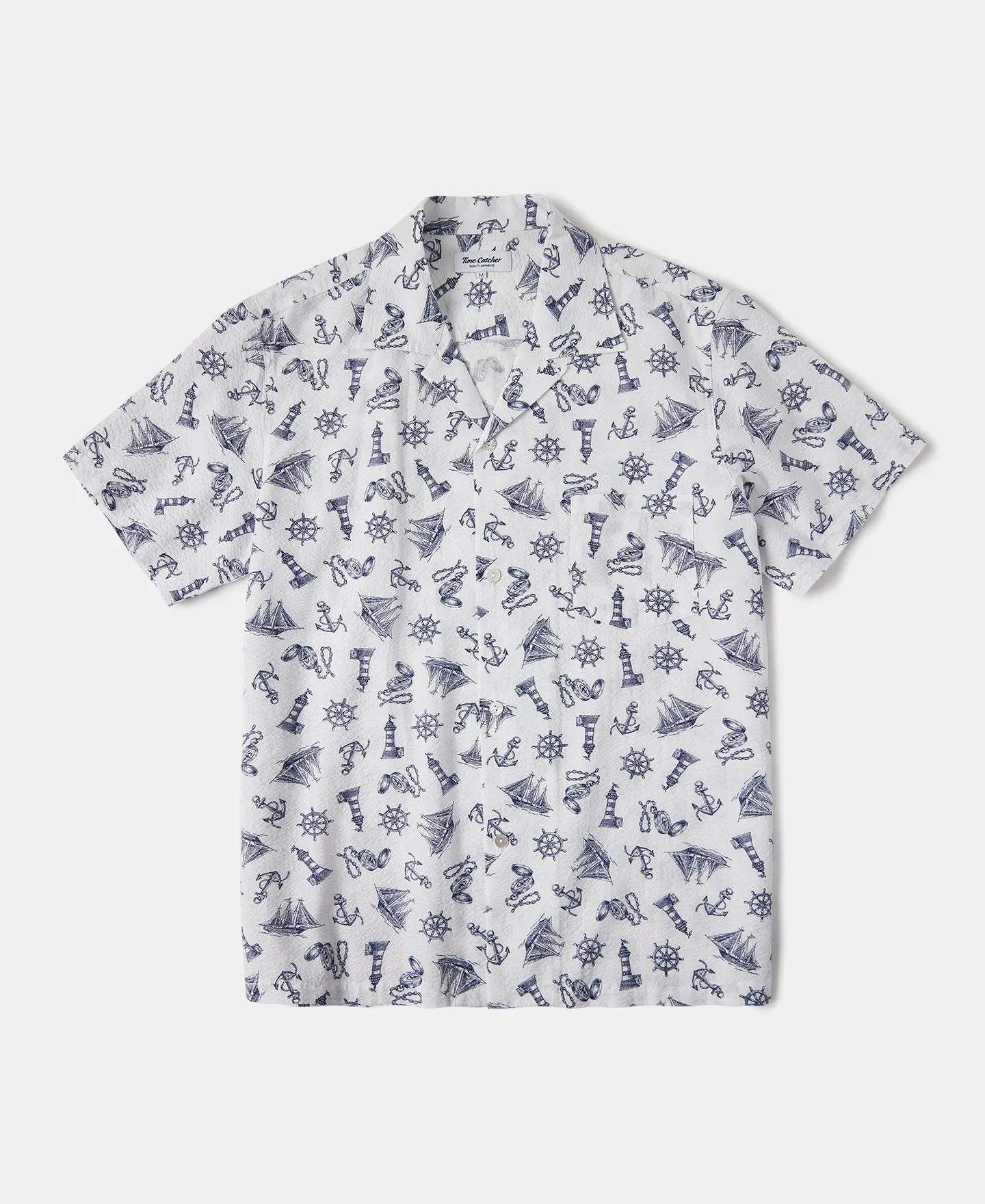 Nautical Printed Seersucker Short Sleeve Camp Shirt - White