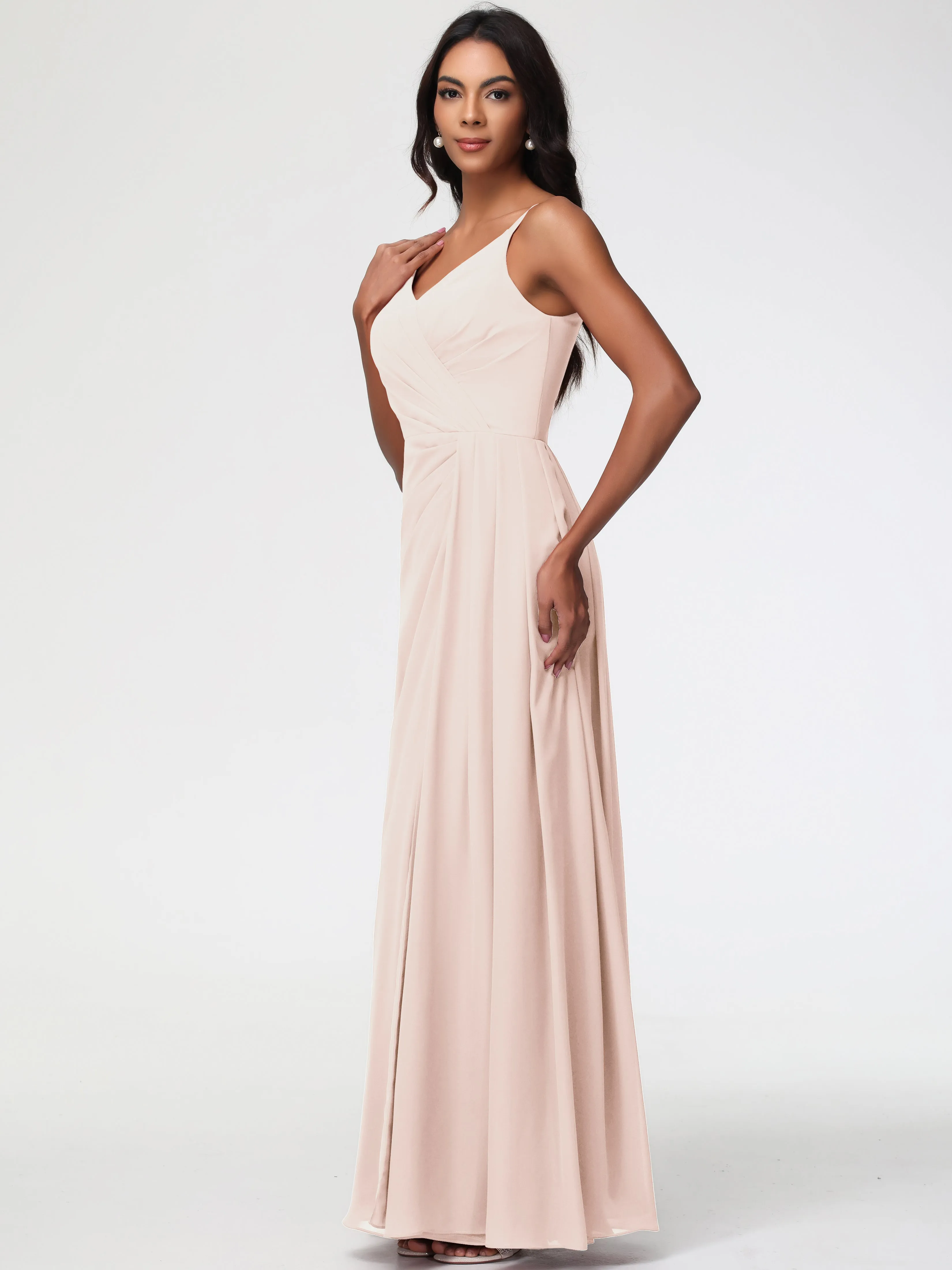 Pearl Pink Bridesmaid Dresses A-Line V-Neck Spaghetti Straps Ruched Chiffon Bridesmaid Dresses With Slit