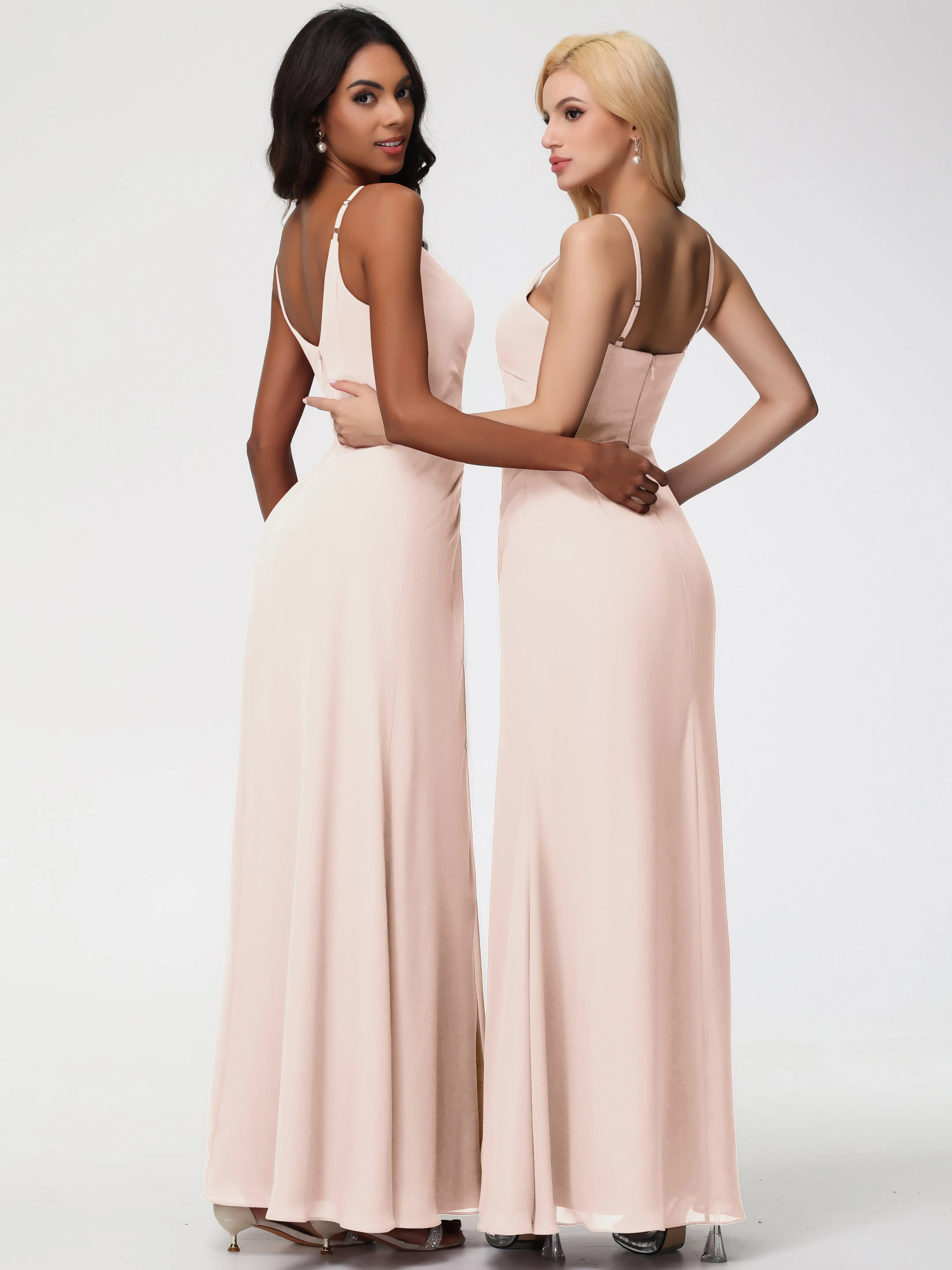 Pearl Pink Bridesmaid Dresses A-Line V-Neck Spaghetti Straps Ruched Chiffon Bridesmaid Dresses With Slit