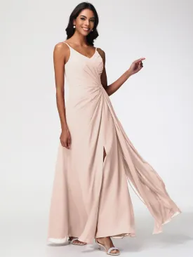 Pearl Pink Bridesmaid Dresses A-Line V-Neck Spaghetti Straps Ruched Chiffon Bridesmaid Dresses With Slit