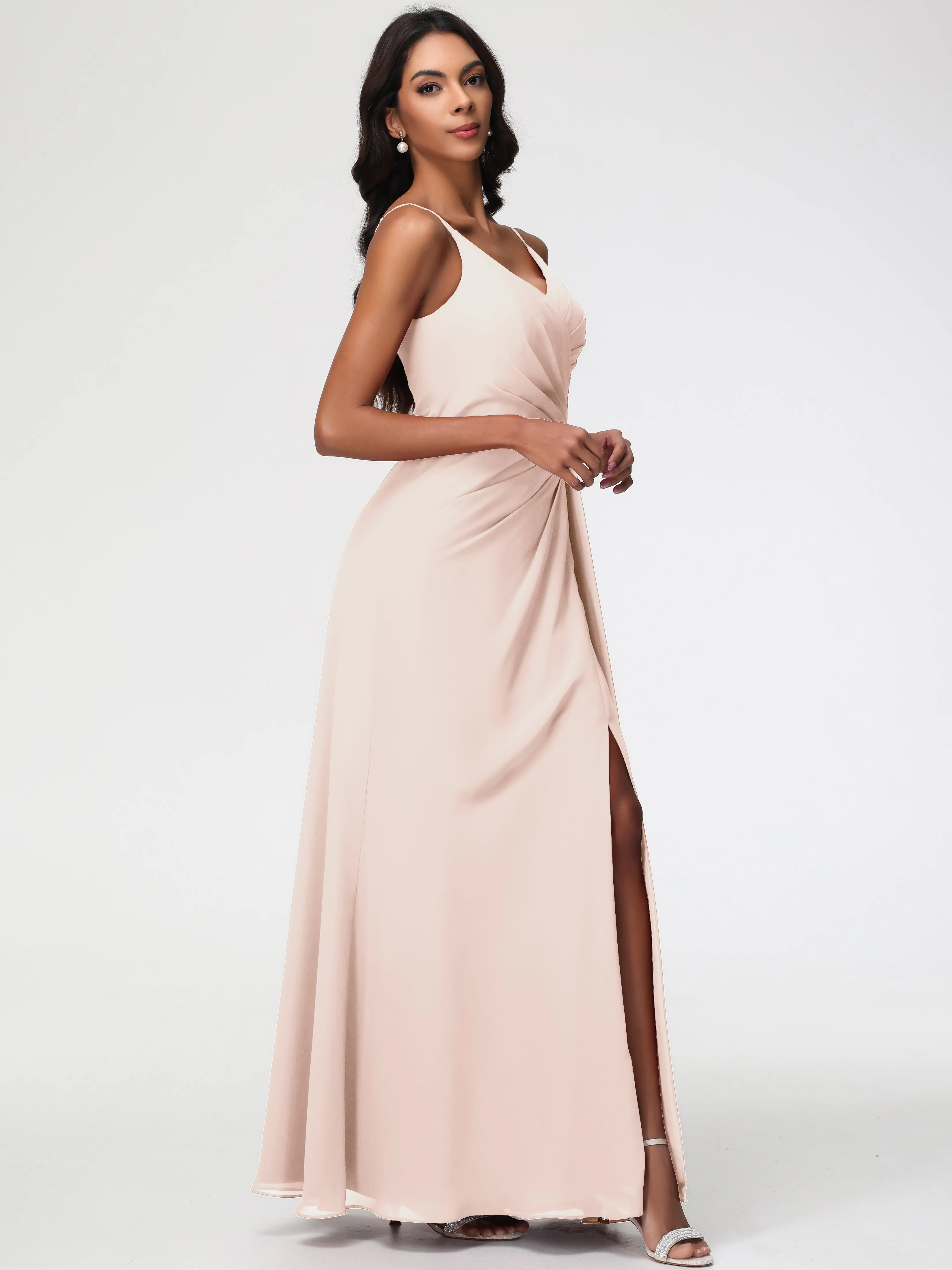 Pearl Pink Bridesmaid Dresses A-Line V-Neck Spaghetti Straps Ruched Chiffon Bridesmaid Dresses With Slit