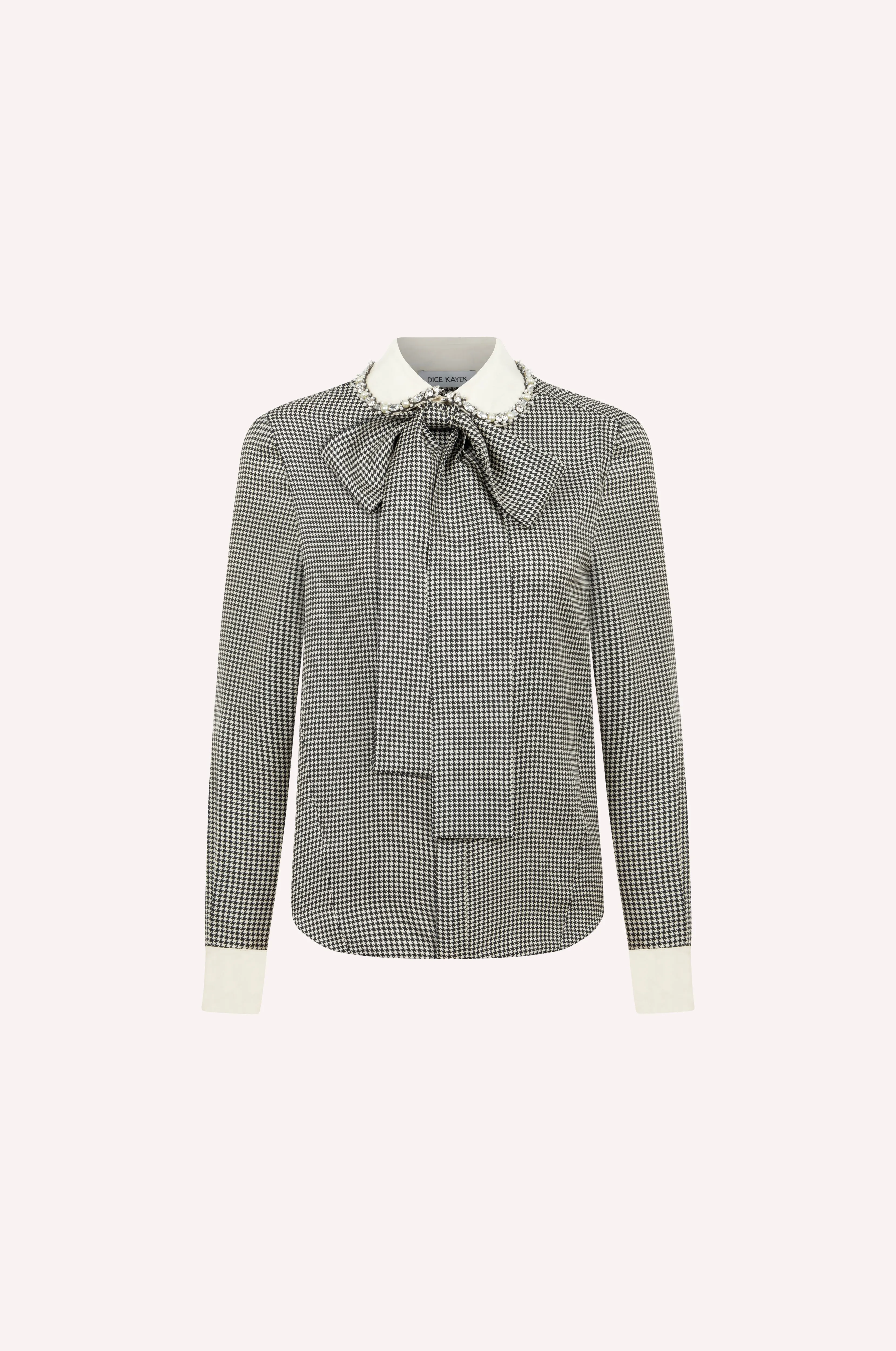 Pied de Poule Silk Blouse with Embellished Collar