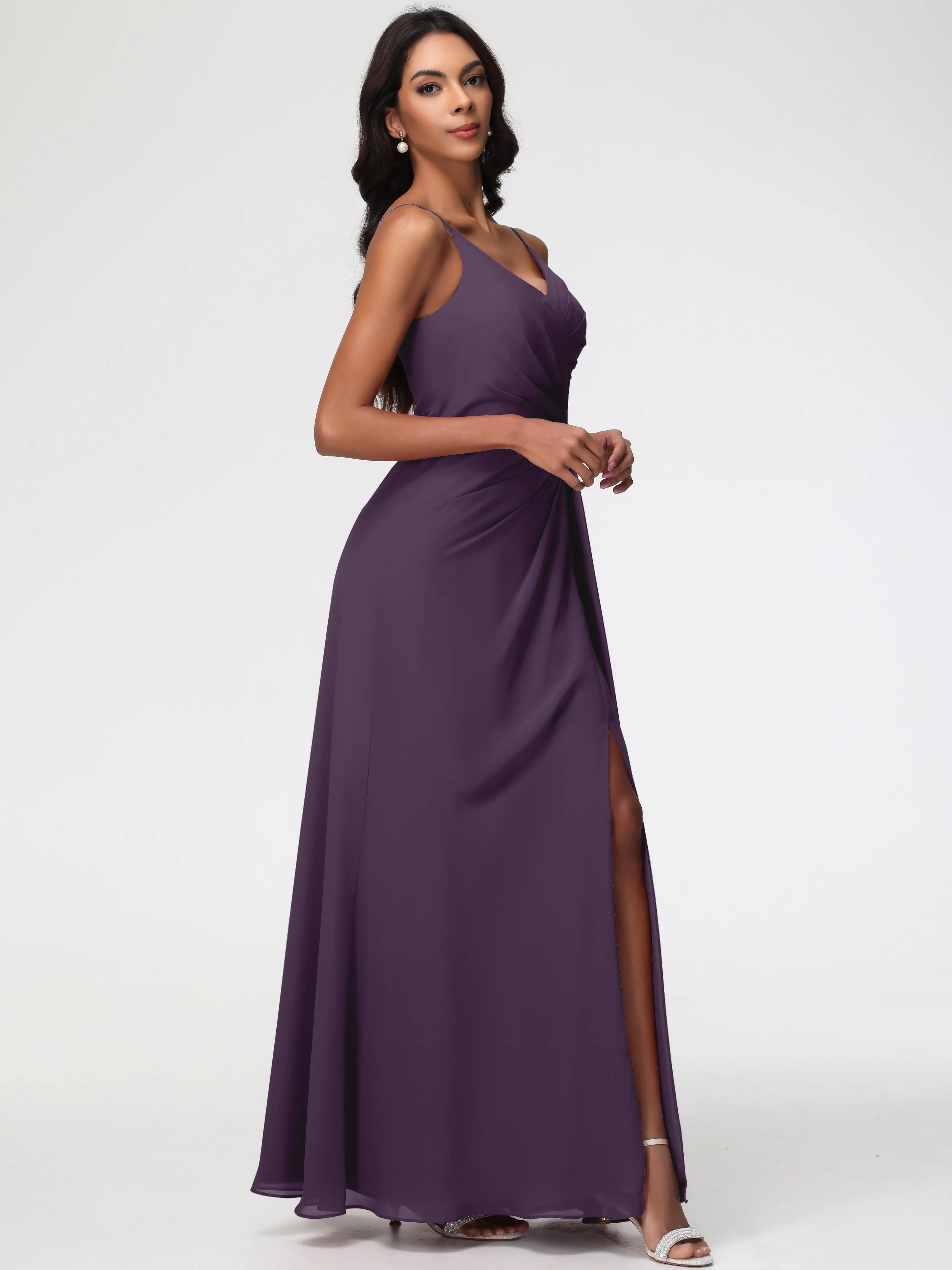 Plum Bridesmaid A-Line V-Neck Spaghetti Straps Ruched Chiffon Bridesmaid Dresses With Slit