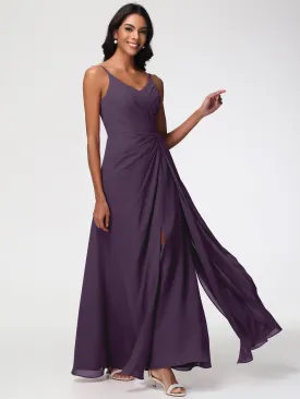 Plum Bridesmaid A-Line V-Neck Spaghetti Straps Ruched Chiffon Bridesmaid Dresses With Slit