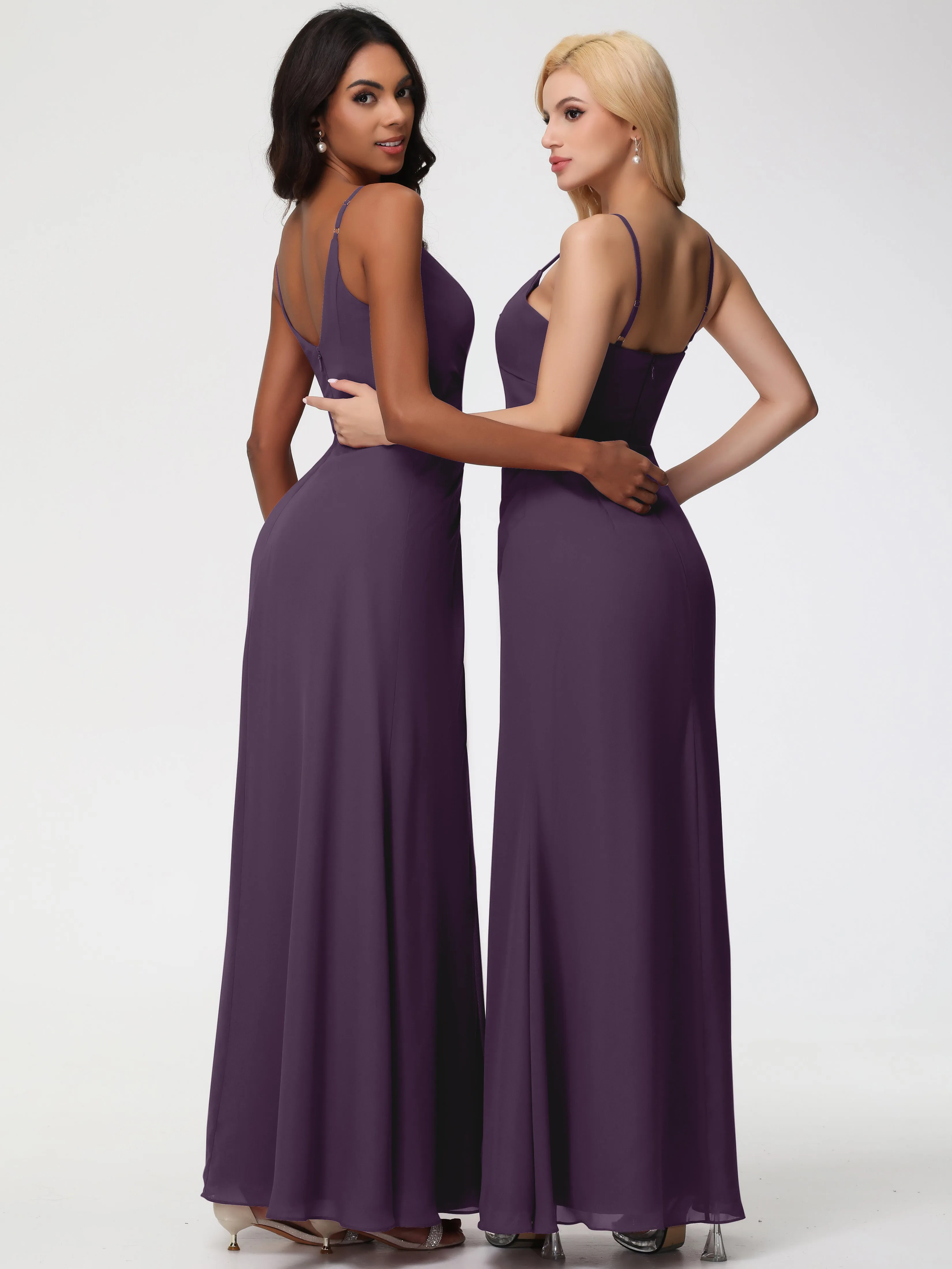 Plum Bridesmaid A-Line V-Neck Spaghetti Straps Ruched Chiffon Bridesmaid Dresses With Slit