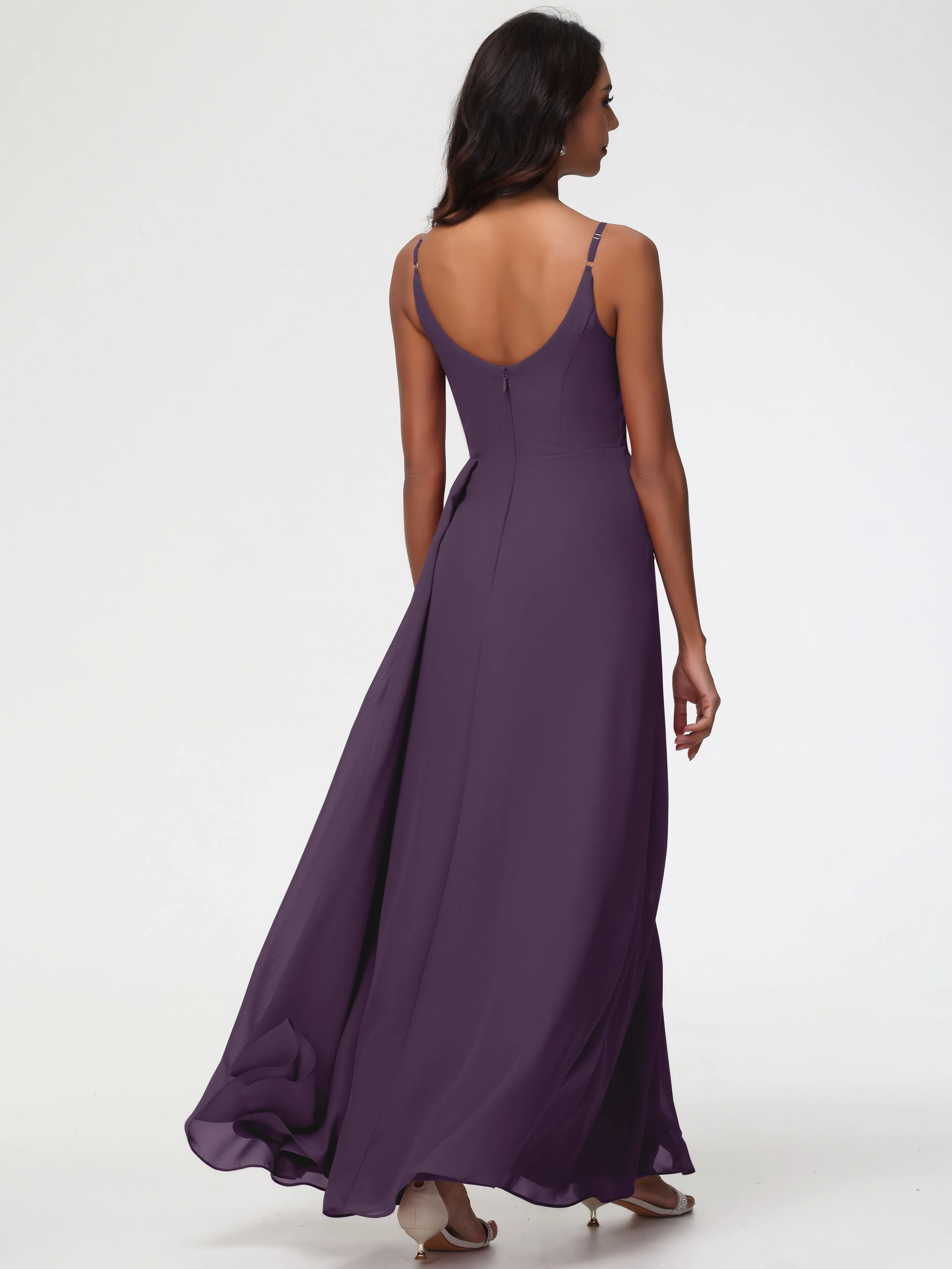 Plum Bridesmaid A-Line V-Neck Spaghetti Straps Ruched Chiffon Bridesmaid Dresses With Slit