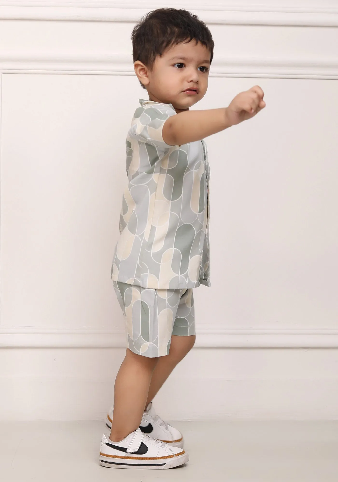 Polka Tots Cotton Half Sleeves Shirt With Shorts/Co-ord - Grey