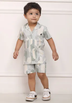 Polka Tots Cotton Half Sleeves Shirt With Shorts/Co-ord - Grey