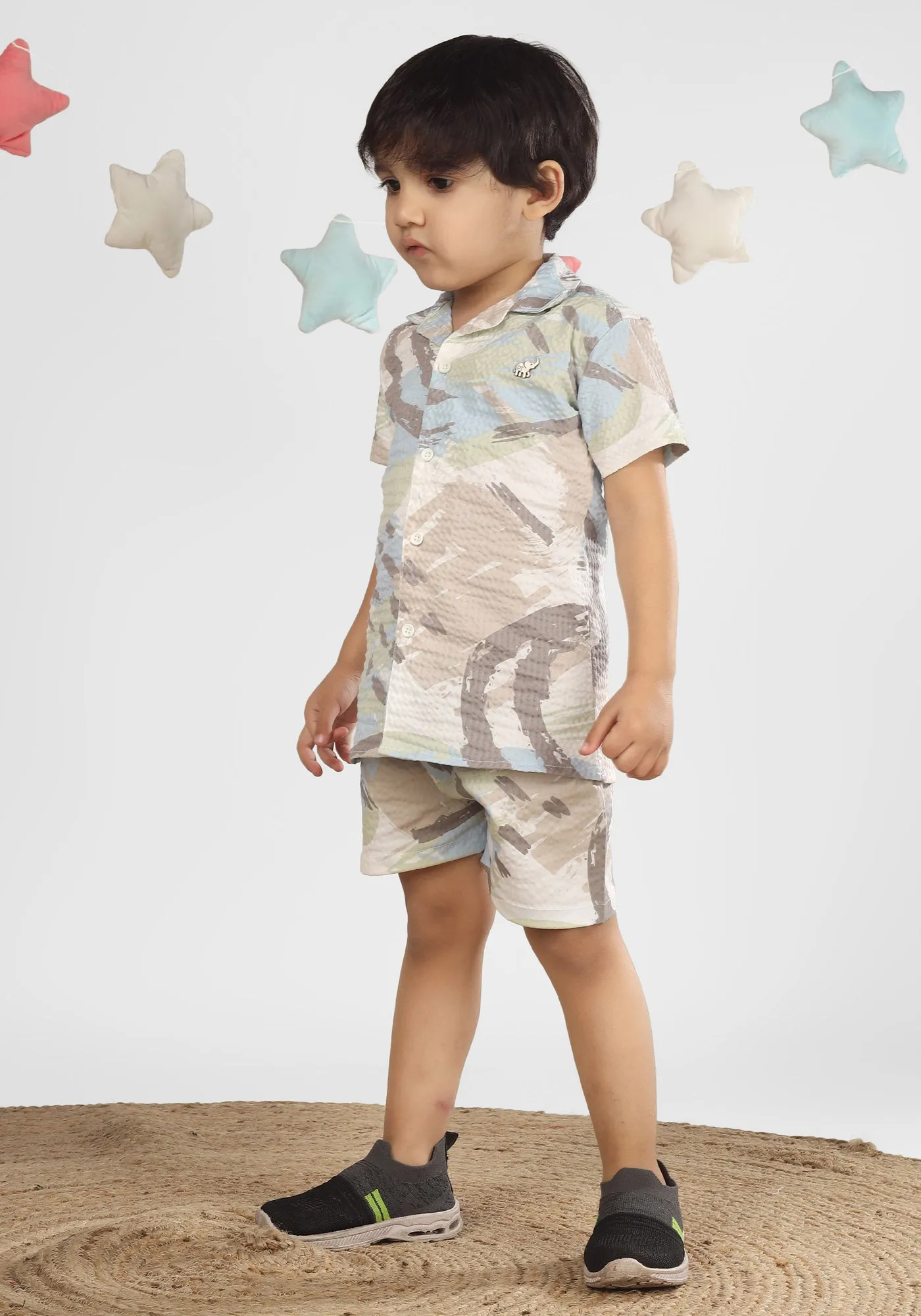 Polka Tots Cotton Half Sleeves Shirt With Shorts/Co-ord - White