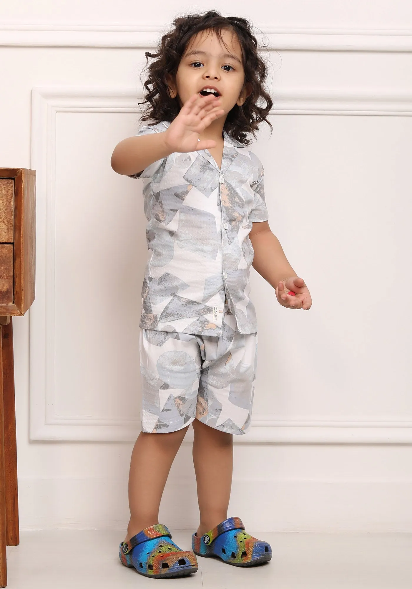 Polka Tots Cotton Half Sleeves Shirt With Shorts/Co-ord - White