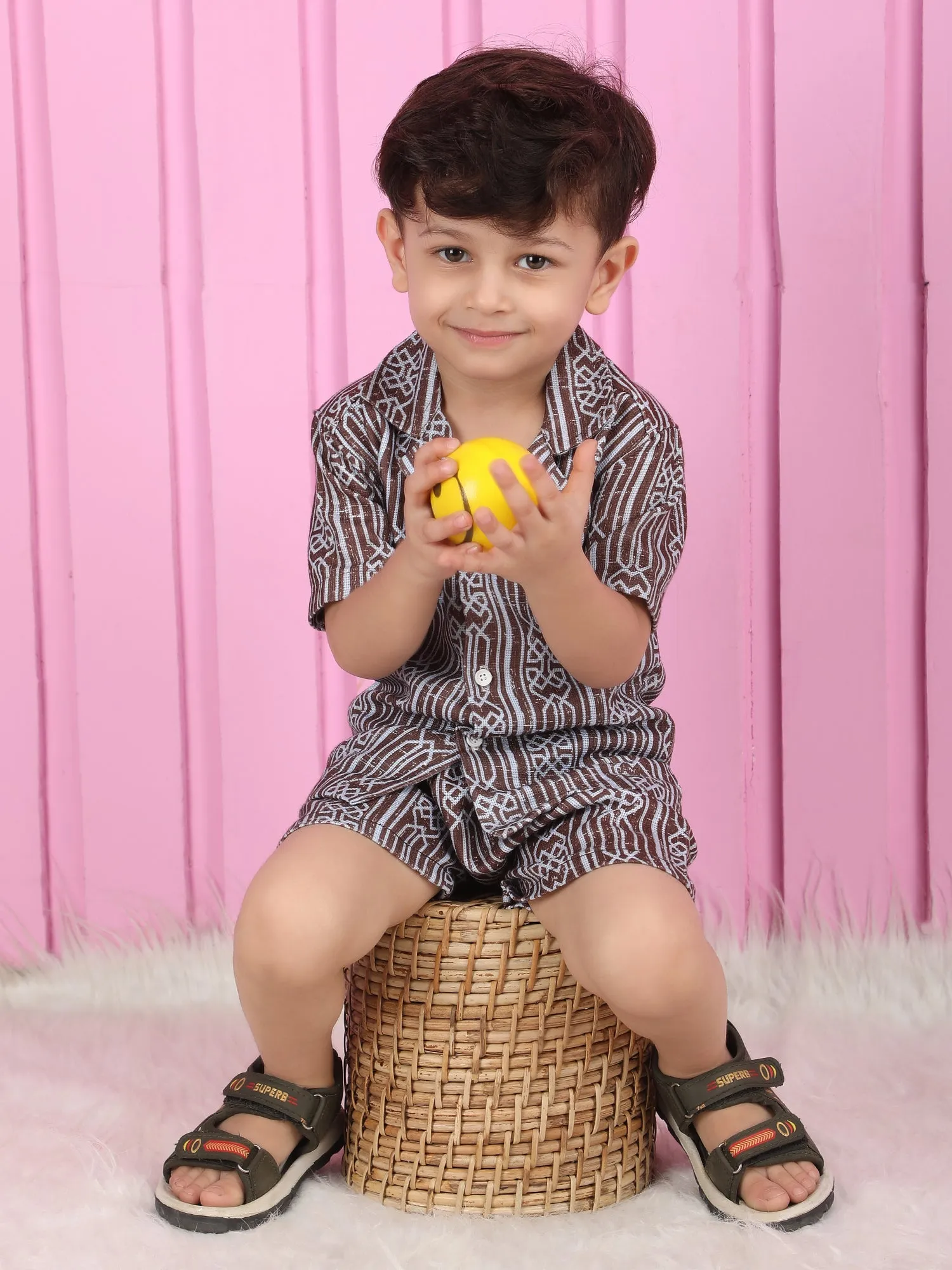 Polka Tots Half Sleeve Lining print Co-ords - Brown