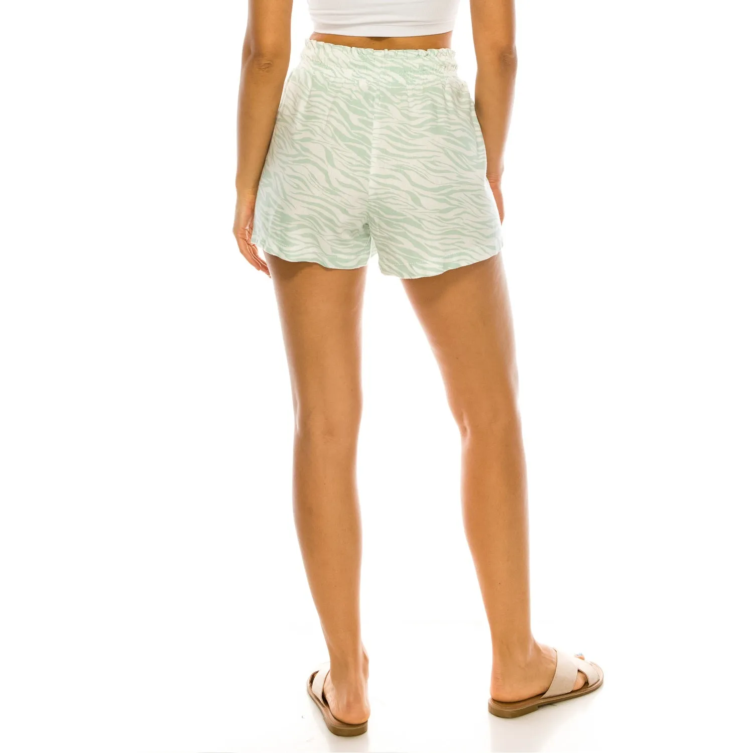 Printed Drawstring Linen Shorts - Mint Zebra