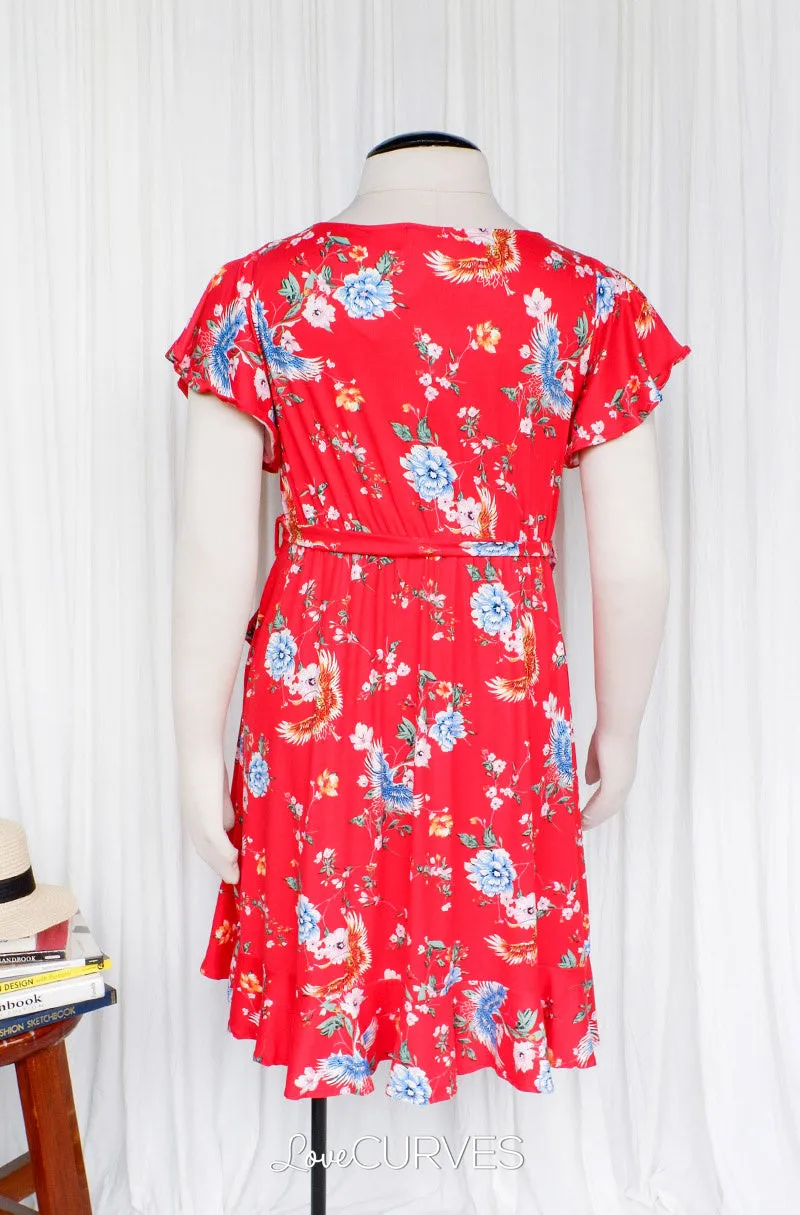 Ruffle Wrap Dress with Sash Belt - Red Empress