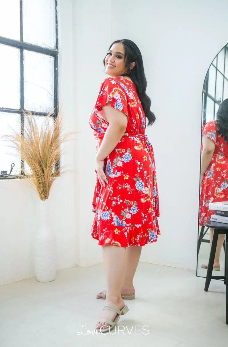 Ruffle Wrap Dress with Sash Belt - Red Empress
