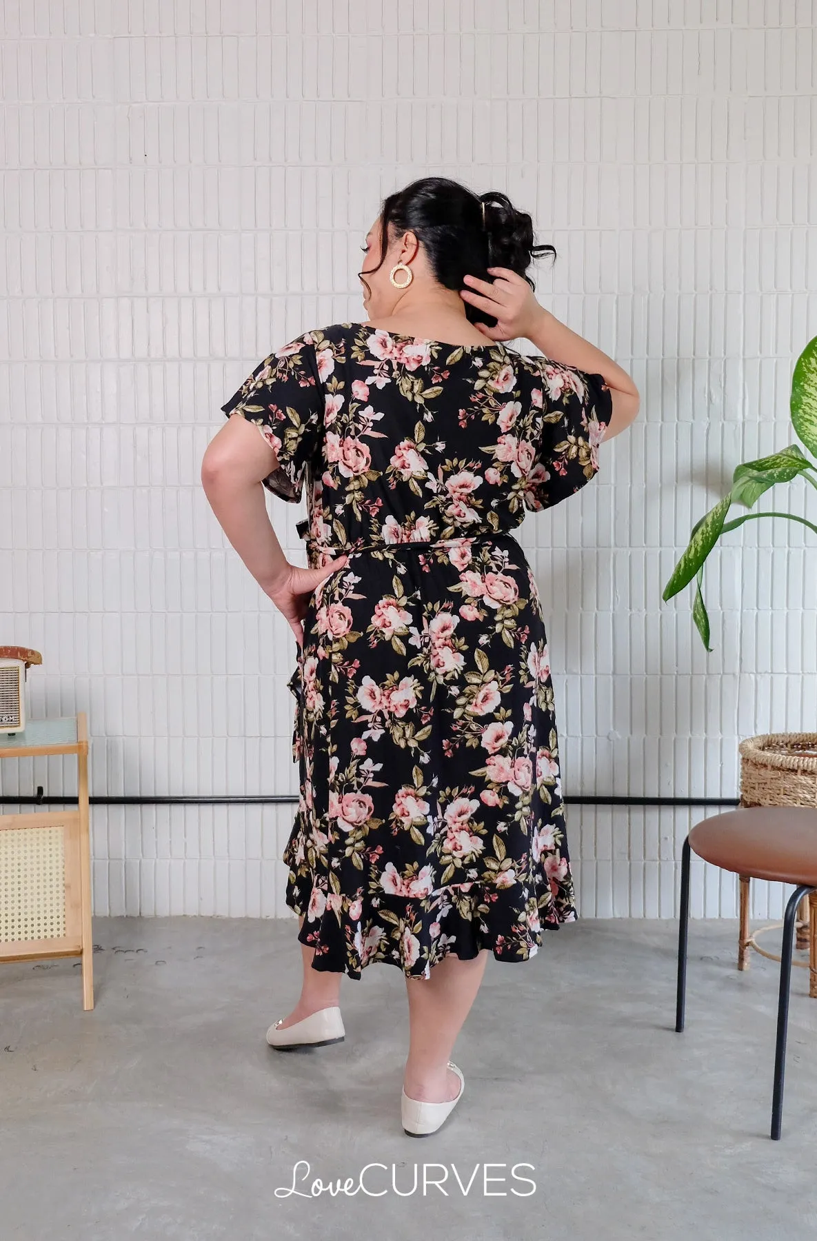 Ruffle Wrap Dress with Sash Belt - Rosey Black