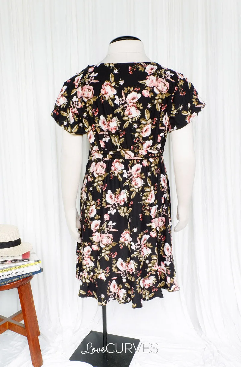 Ruffle Wrap Dress with Sash Belt - Rosey Black