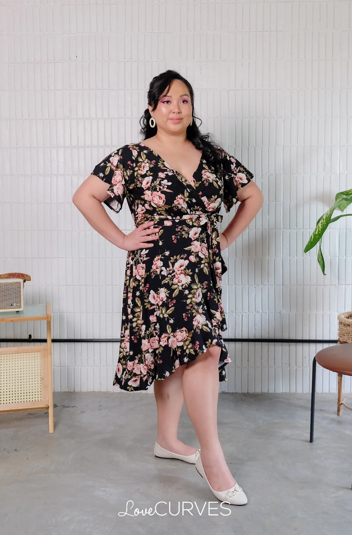 Ruffle Wrap Dress with Sash Belt - Rosey Black