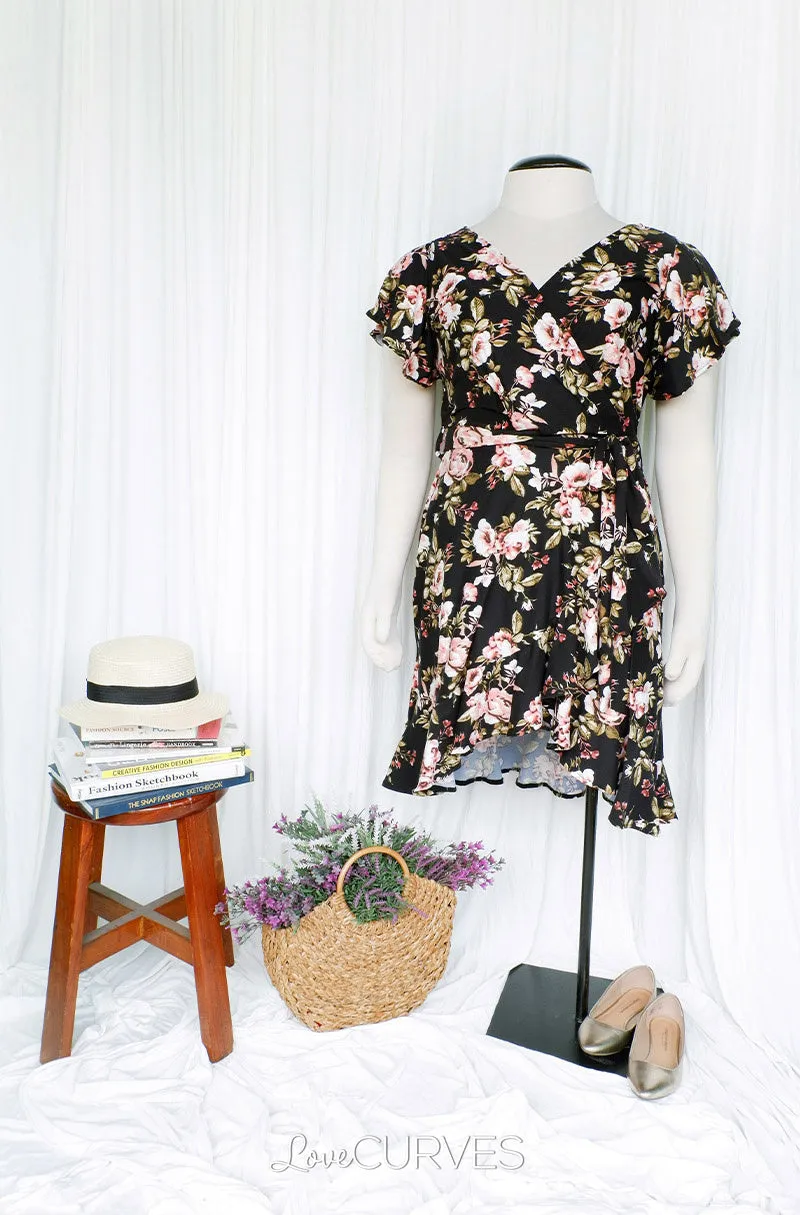 Ruffle Wrap Dress with Sash Belt - Rosey Black