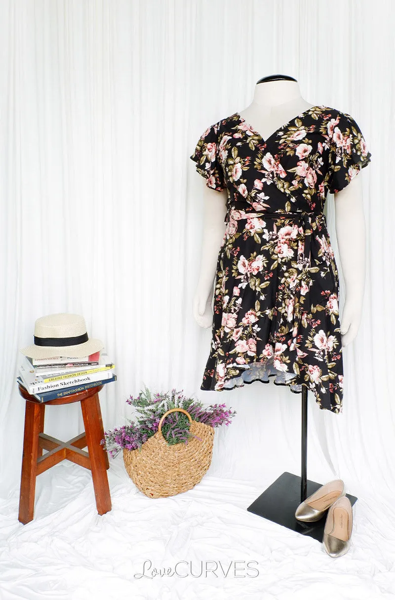 Ruffle Wrap Dress with Sash Belt - Rosey Black