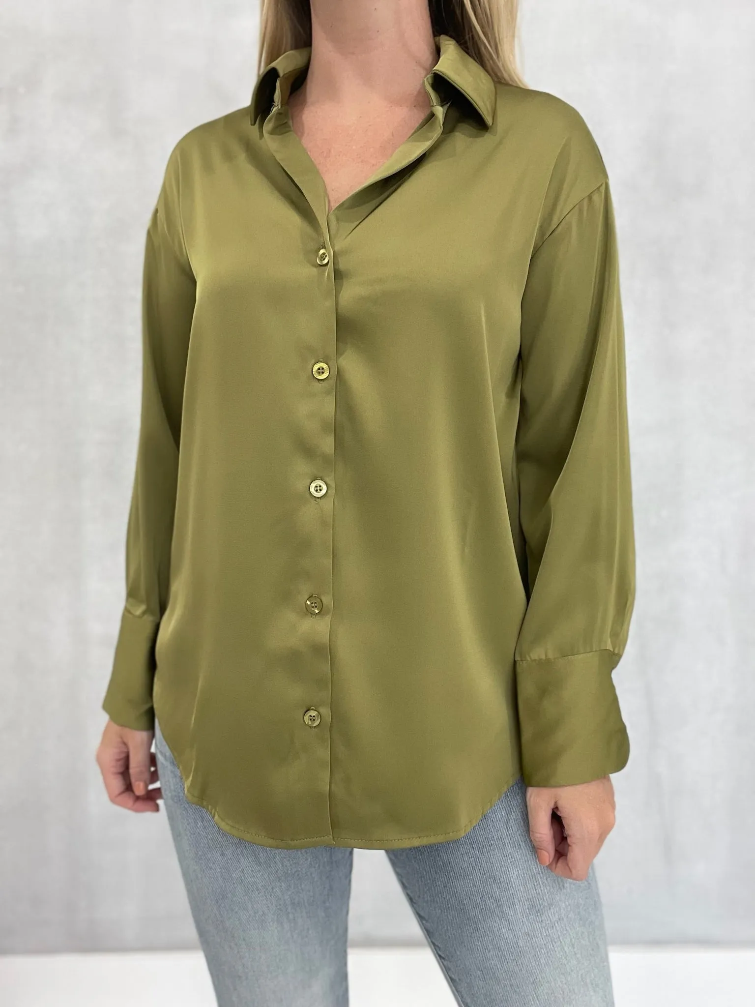 Satin Button Down Blouse - Olive