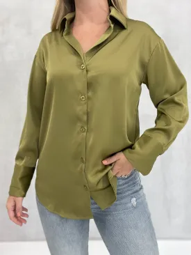 Satin Button Down Blouse - Olive